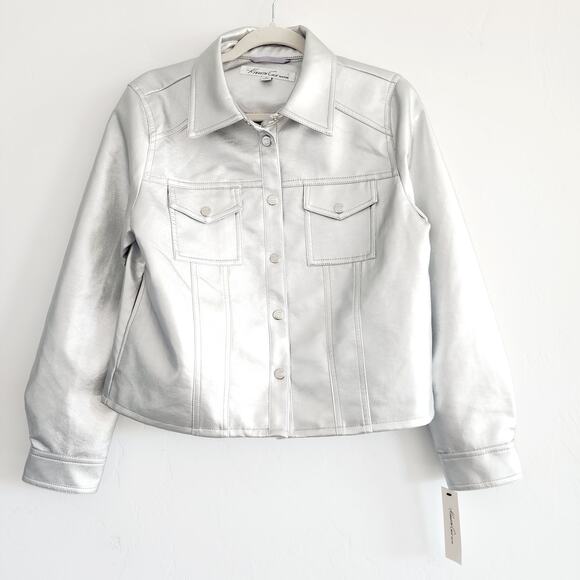 Kenneth Cole Faux Leather Metallic Silver Button Down Jacket Size Medium - Picture 1 of 6